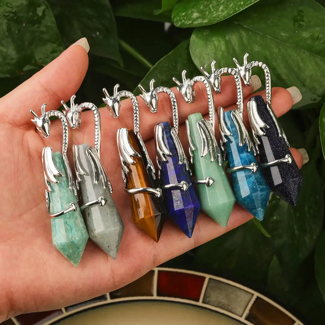 Silver Plated Dragon Animal Skull PendantHealing Crystal Hexagonal Point Pendulum For DIY Men Women Jewelry Making Wholesales