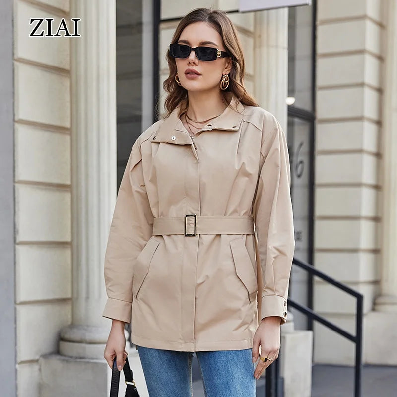 Wholesale Customised Women's Standing Collar Trench Coat Jacket with Belt Pocket Jacket