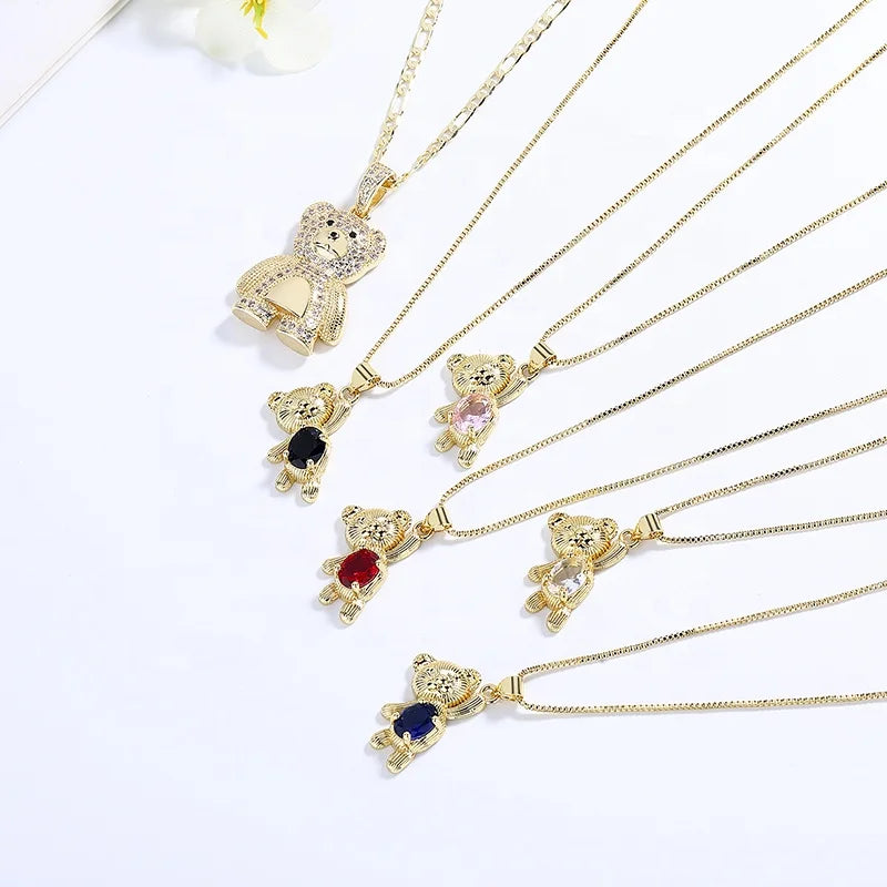 Cute Critter Collection Wholesale 18K Gold Plated Zircon Bear Necklace Fashion Jewelry for Women