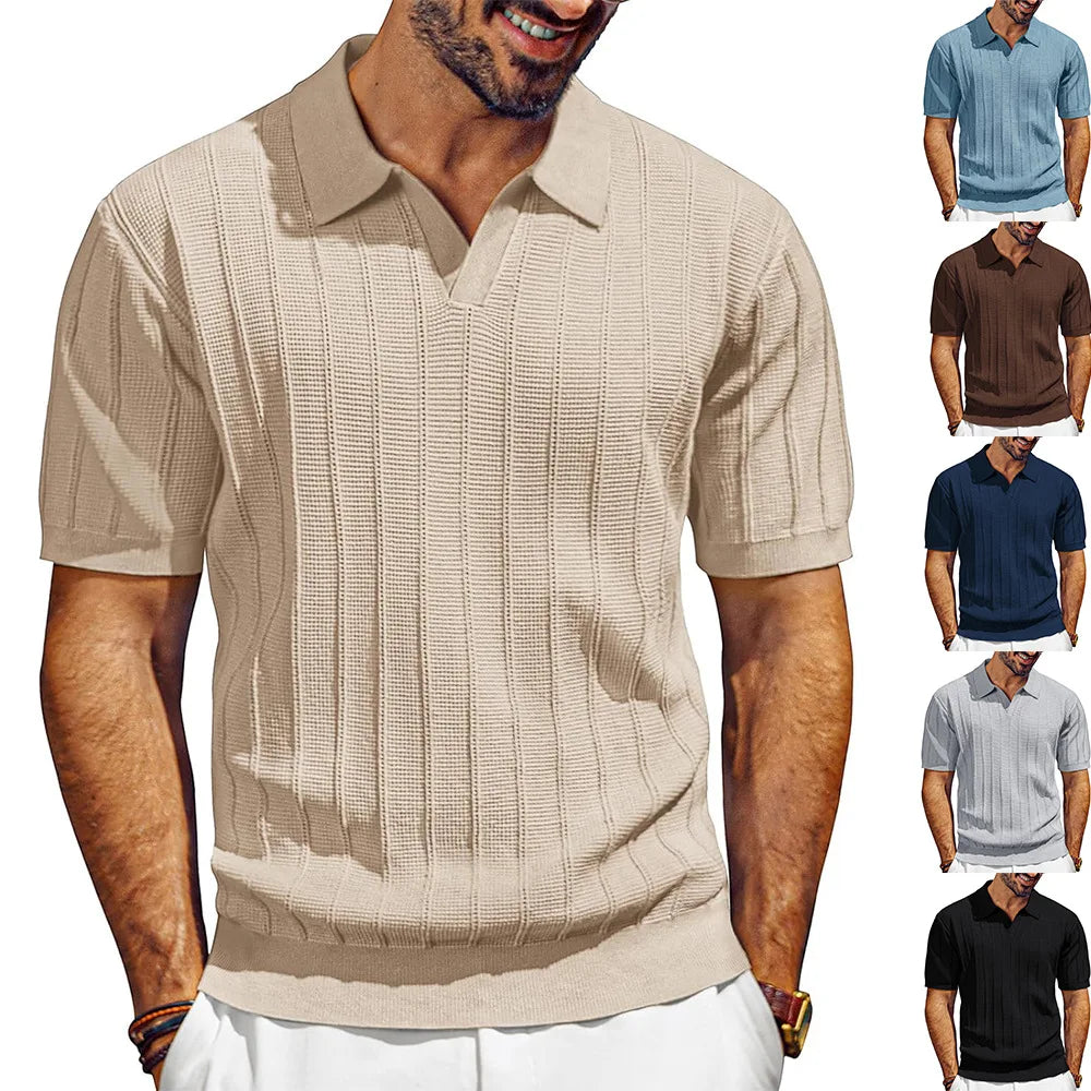 Wholesale Men's Summer Casual Solid Pattern Short Sleeve Knit Sweater Loose Fit Polo T-shirt Knitted Crochet Sweater