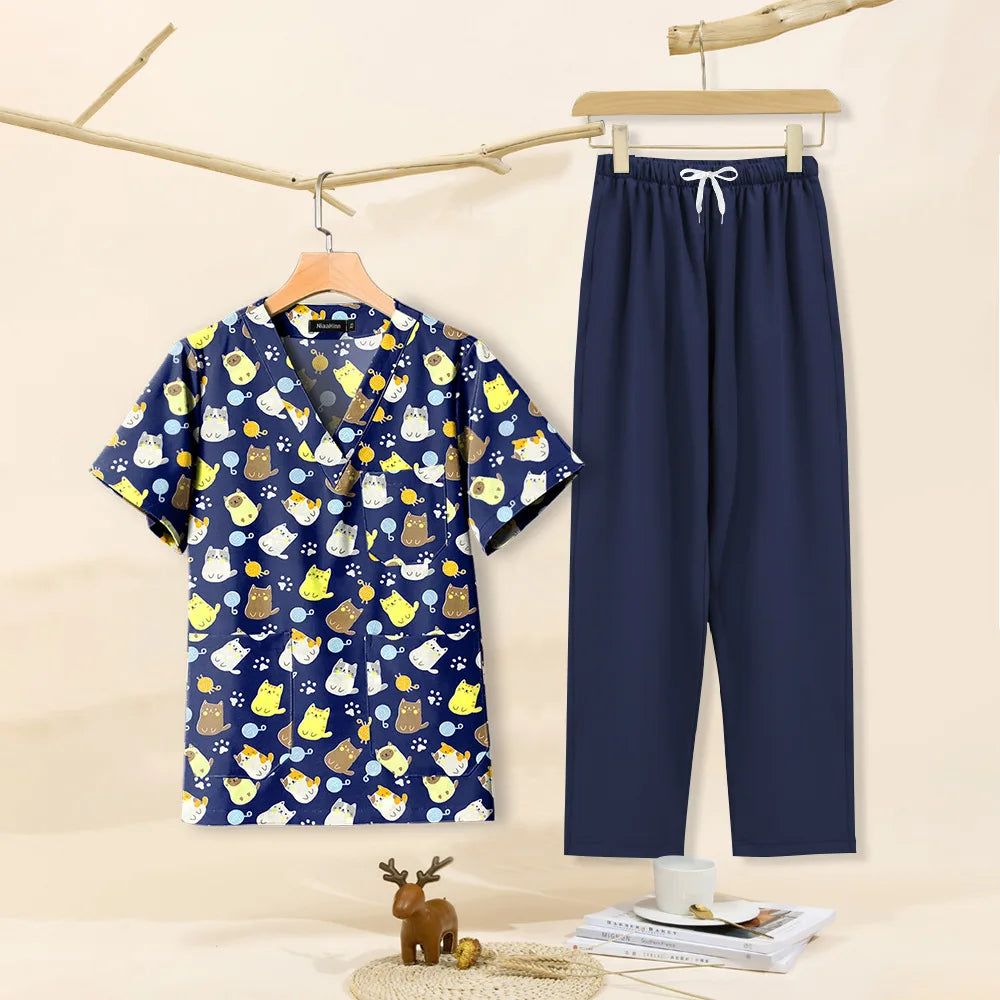 In Stock T62030 Scrubs With Tooth Print Casual 2piece Ruffle Pants Suit for Women Nurse Uniform Fabric