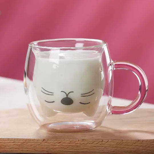 Cute Cat Cartoon Shape Double Wall Borosilicate Glass Coffee Mug-BPA Free Heat Resistant Microwave Safe for Giveaways