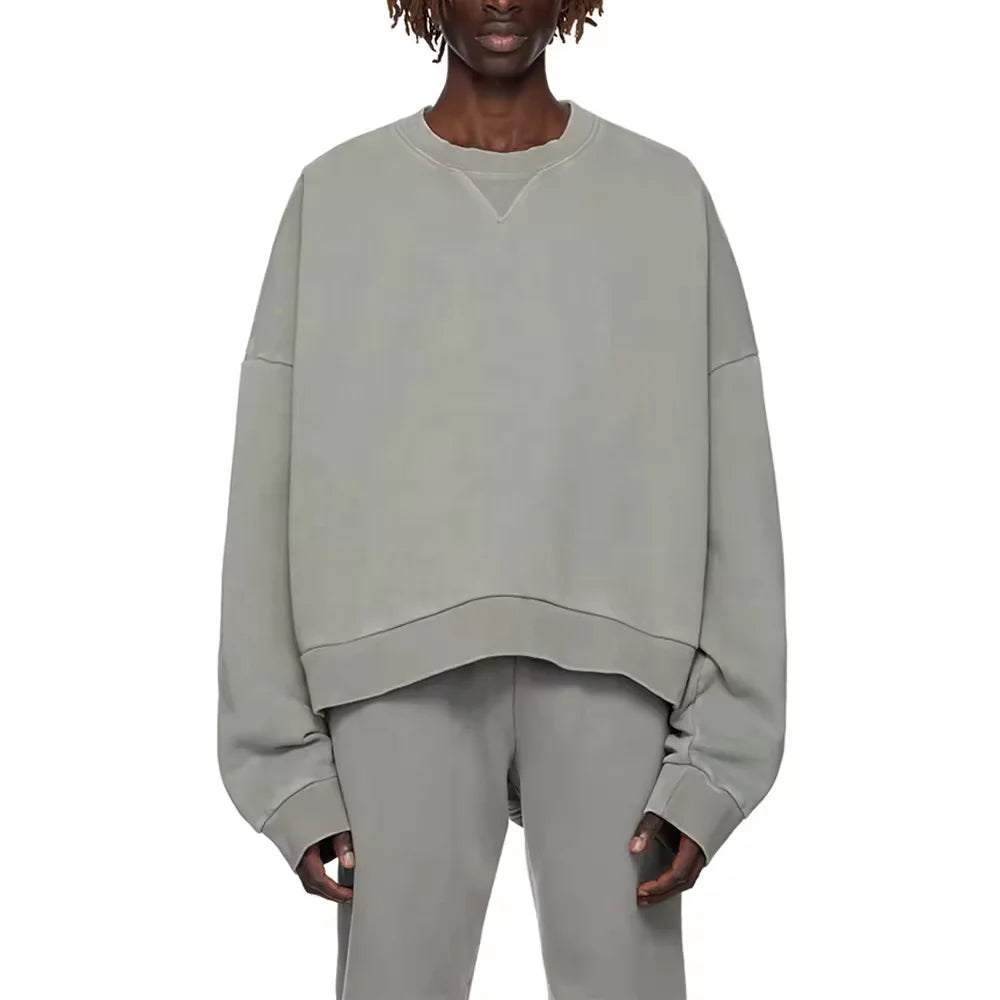 Men's Custom Heavyweight Cotton Sweatshirt Oversized Cropped Hood With Crew Neck Solid Pattern Hoodie