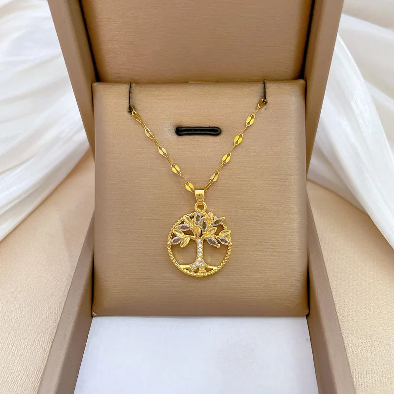 Light Luxury Titanium Steel Tree Shape Gorgeous Full Diamond Necklace for Women Collar Chain Stainless Steel Jewelry Charm