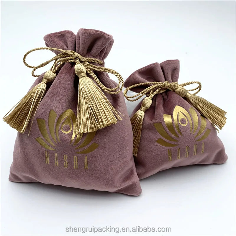 Custom Packaging Velvet Bracelet Bags With Gold Tassels Drawstring Soft Rose Gold Velvet Gift Bags
