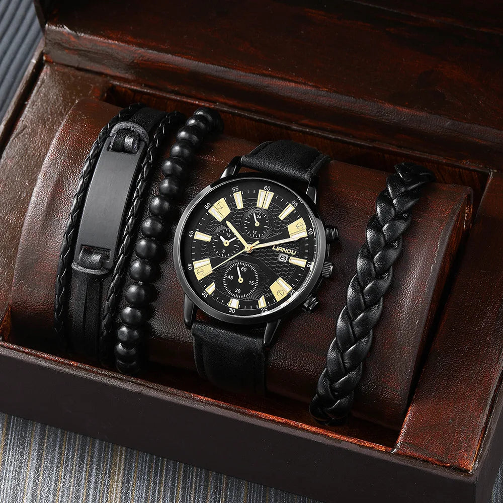 Men's Calendar Quartz Watch Sports Watch Set Men's PU Business Watch Wholesale jewelry set