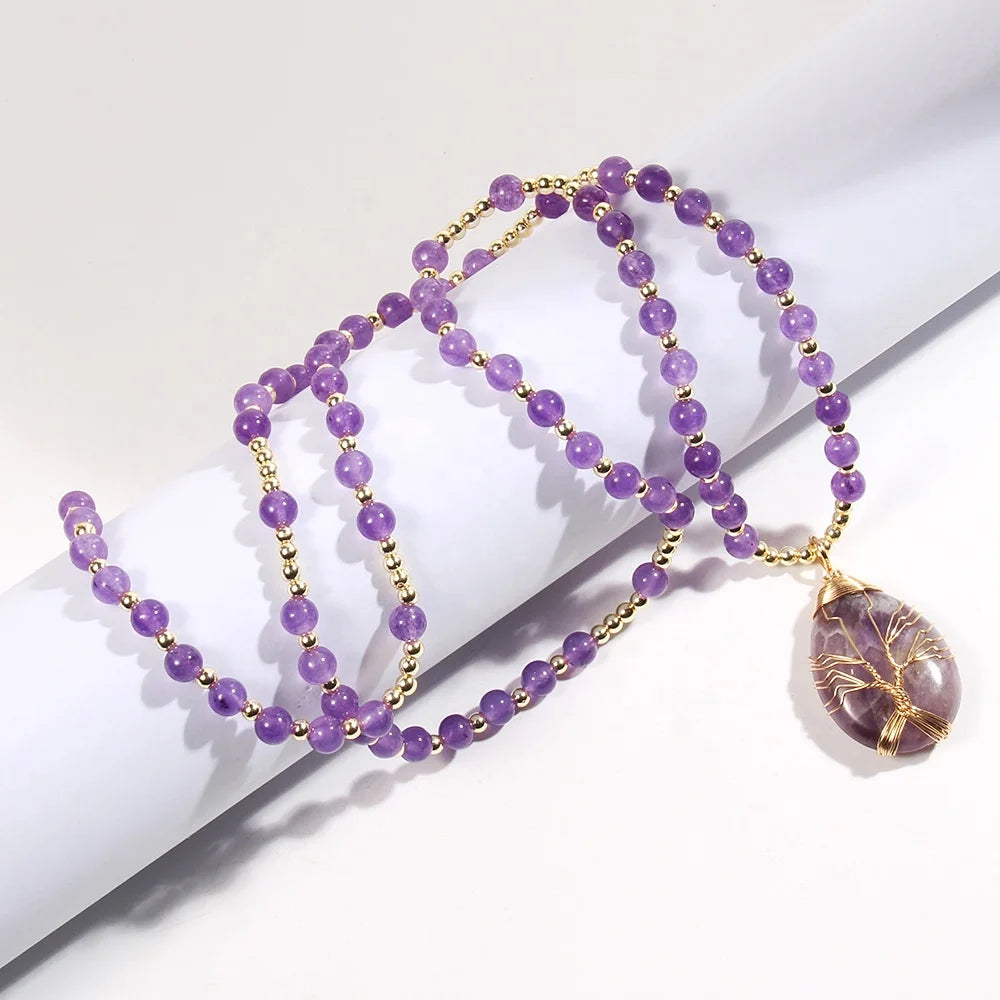 Women Bohemia Custom Jewelry 6mm Gemstone Necklace 4mm Hematite Natural Stone Amythst Life Tree Water Drop Pendant Necklace