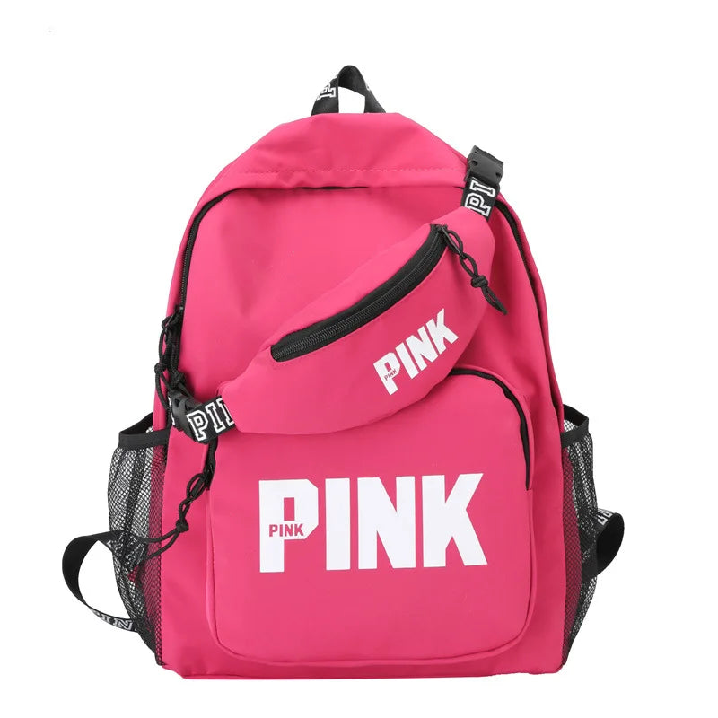 Nylon Fabric High Quality Fashion Multi-functional Unisex School Bags Waterproof Outdoor PINK Backpack and Chest Bag Set Cust