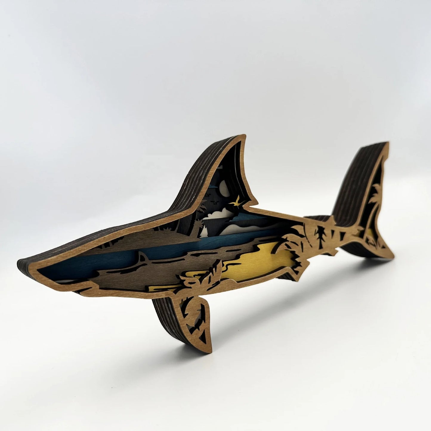 Hot Sale 3D Multi-layer Wooden Carving Animal Ornaments Christmas Home Decor 3D Wall Art Wooden Carved Shark Sea Animal Craft