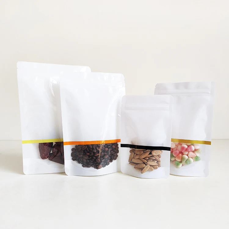 14x22cm New Product Plastic Stand up Resealable Zip Lock White Food Packaging Bag with Color Strip Window