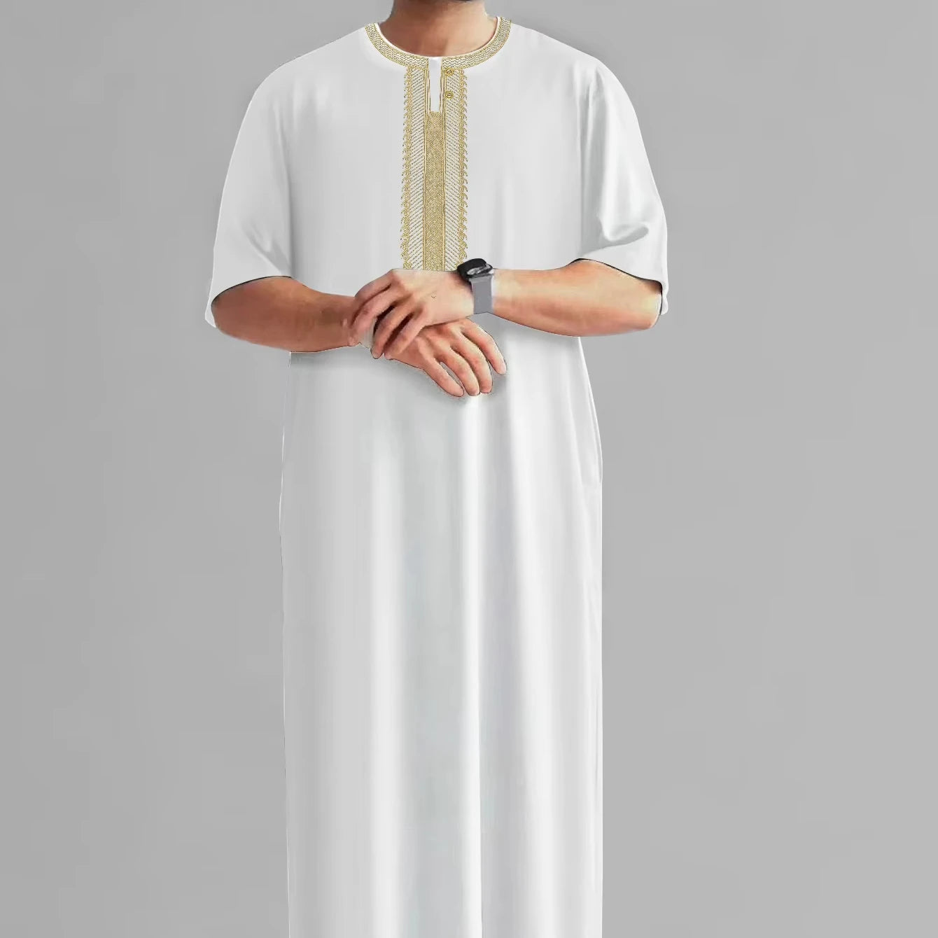 Embroidered Jubba Thobe Robes Kaftan Men Luxury Long Gown Short Sleeves Free Size XXL Breathable Adults Dubai's Islamic Cultu