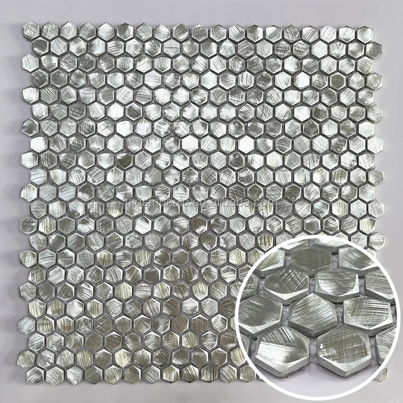 DS Silver Hexagon Shape Brushed Pattern Mosaic Aluminum Tile Bathroom Ceiling Wall Tile Aluminum Mosaic