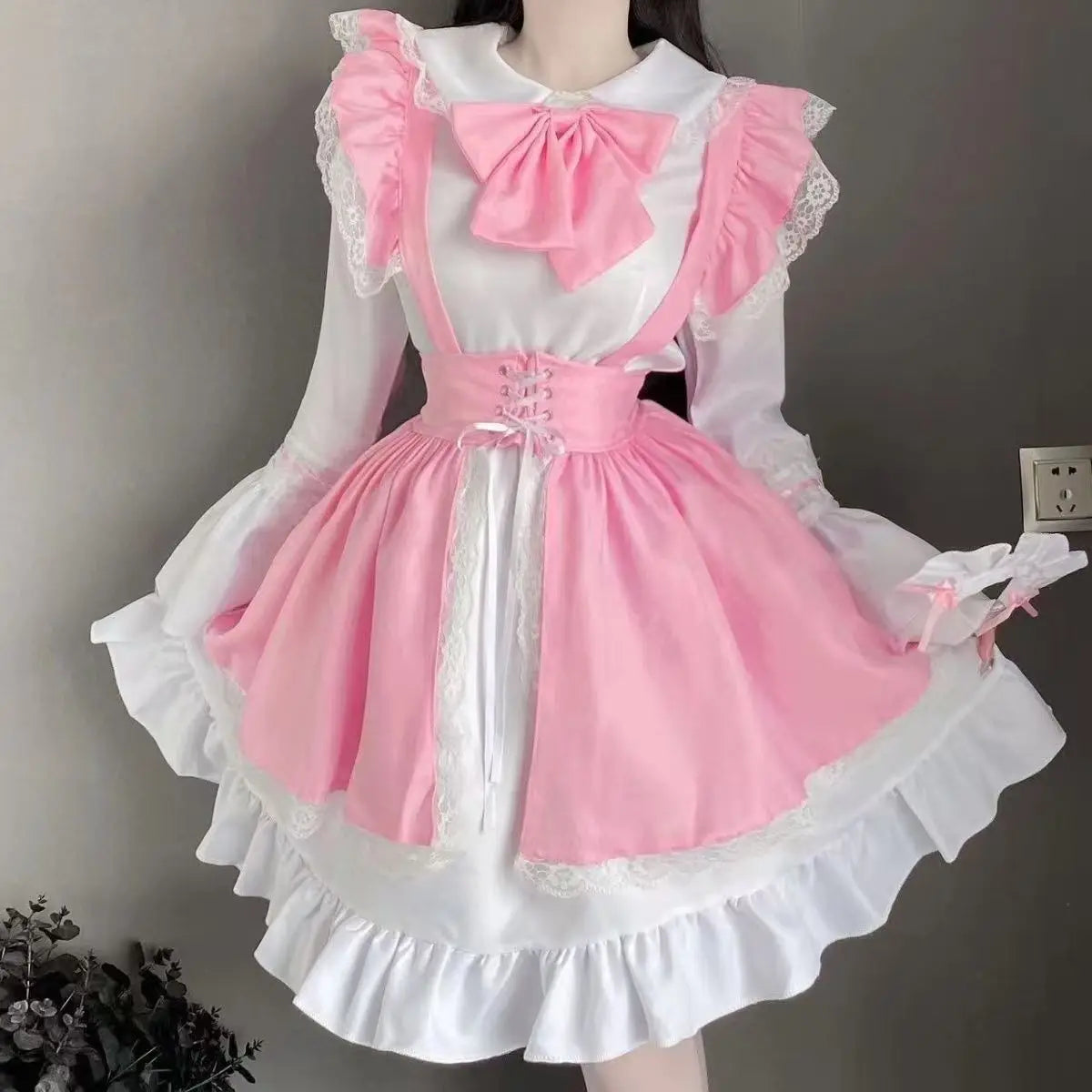 Yingyi Kawaii Lolita Maid Dress Pink Goth Gothic Birthday Party Dress Puff Sleeve Japanese Harajuku Ruffle Lace-up Soft Girls