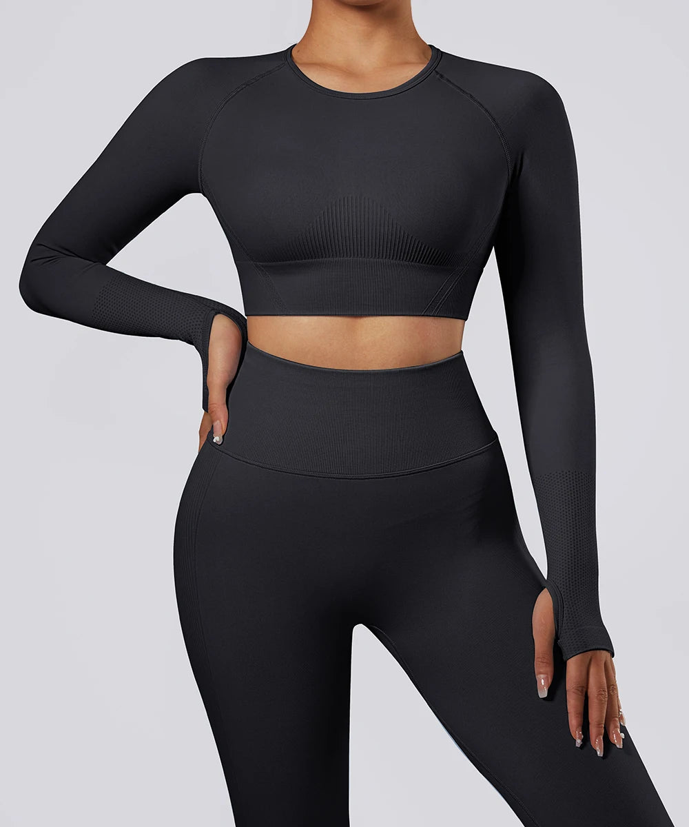 YOKE Wholesale Custom Gym Clothes 2 Piece Seamless Yoga Winter Womens Workout Sets Active Sets Long Sleeve Crop Top Gym Fitne