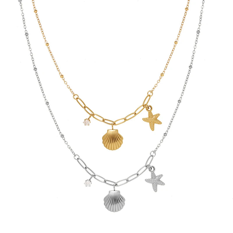 Dainty 18K Gold Plated Shell Starfish Pendant Necklace Waterproof Jewelry for Women Stainless Steel Satellite Chain Necklace