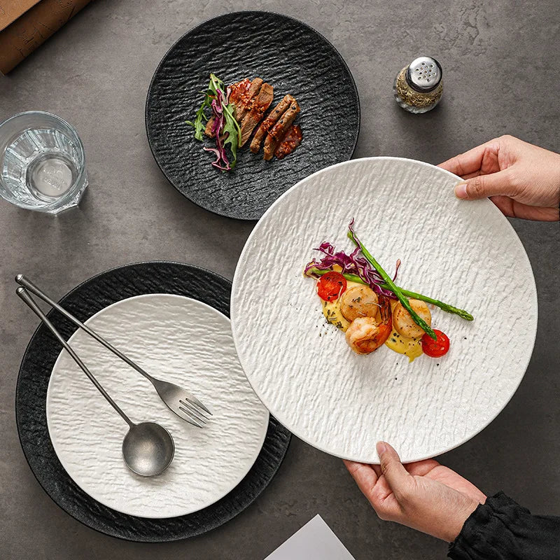 Creative Ceramic Round Serving Dishes Stone Pattern Matte  Hotel Stoneware Plates Western Cuisine Steak Plates