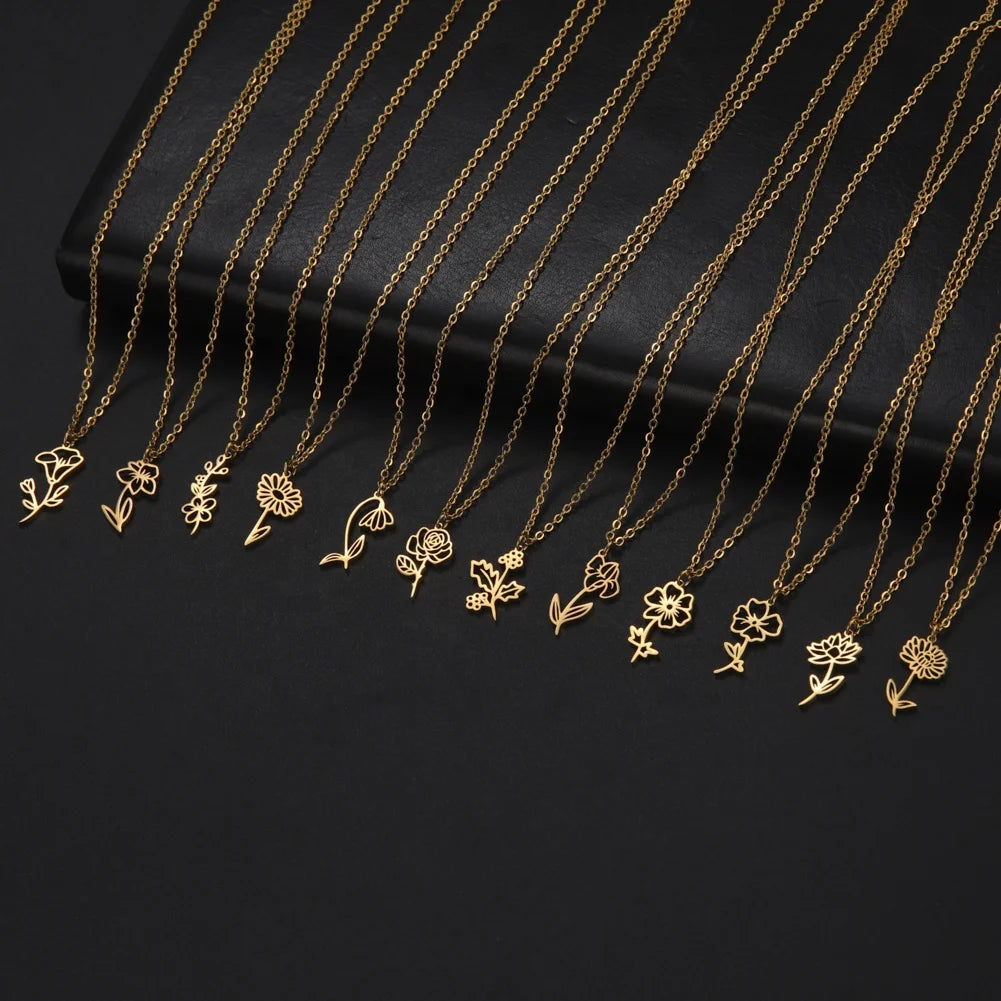 Birth Month Flower Necklace Snowdrop Daisy Rose Pendant Neck Chain Trendy Stainless Steel Jewelry Birthday Gift for Women Gir
