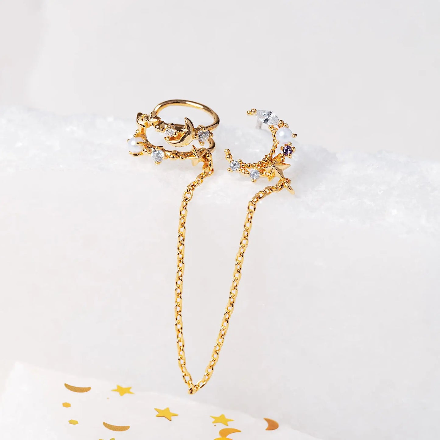 S925 Silver Needle Ear Jewelry Fashion Star Moon Zircon Brass Double Earring Connecting Chain Tassel Clip on Earrings for Wom
