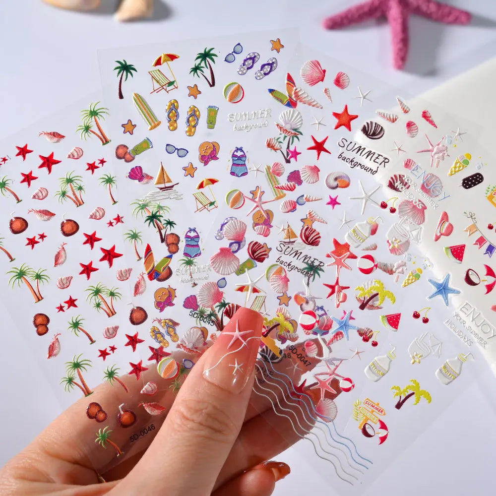 Sea Shell 3D Nail Sticker Ocean Beach Theme Summer Animal Starfish Star Fish Nail Slider Self-Adhesive Decal Nail Art Decorat