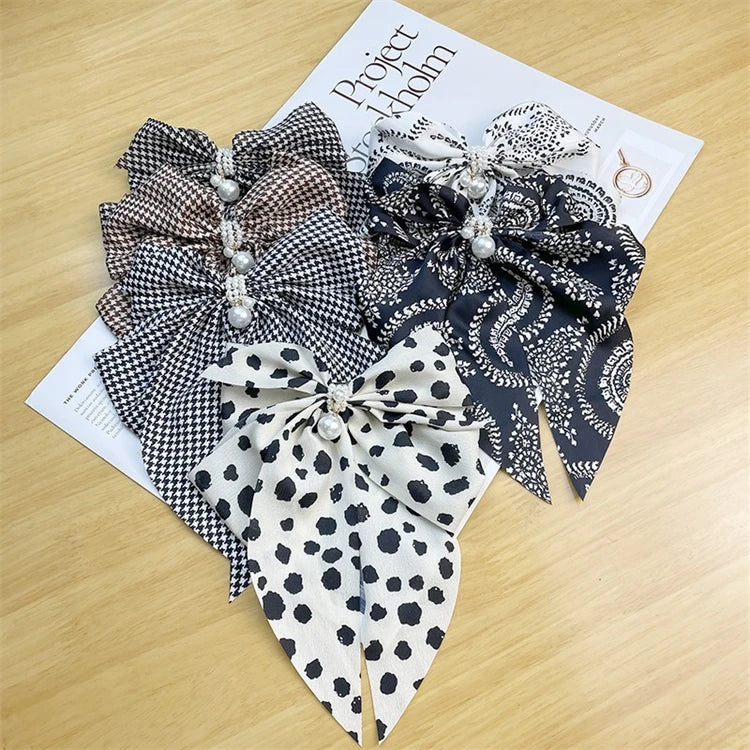 Fashion Women Pearl Hair Accessories Silk Satin Fabric Big Bow Hairgrip Ribbon Butterfly Spring Hair Clips for Women