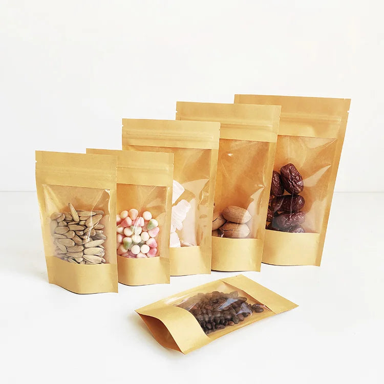 13.5x22.5cm New Products Food Storage Brown Paper Bag Zipper Kraft Paper Stand up Pouch with Big Window