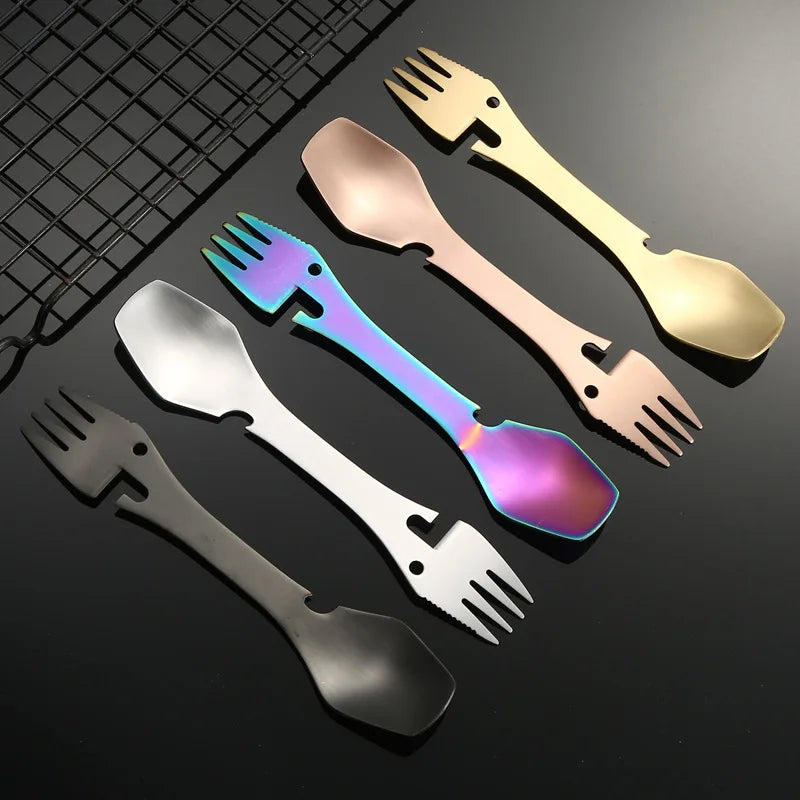 Multi-Functional Stainless Steel Gold Cutlery Picnic Camping Spoon and Fork for Travel