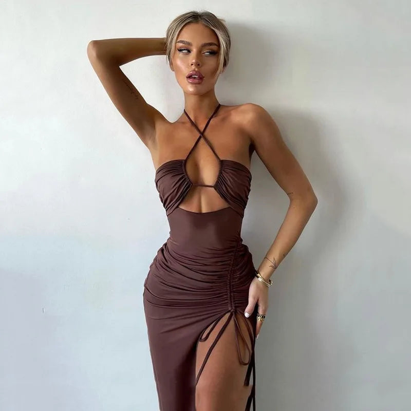 New Sexy Spicy Girl High Split Wrinkle Hanging Neck Style Elegant Chest Showing Dress Long Dress