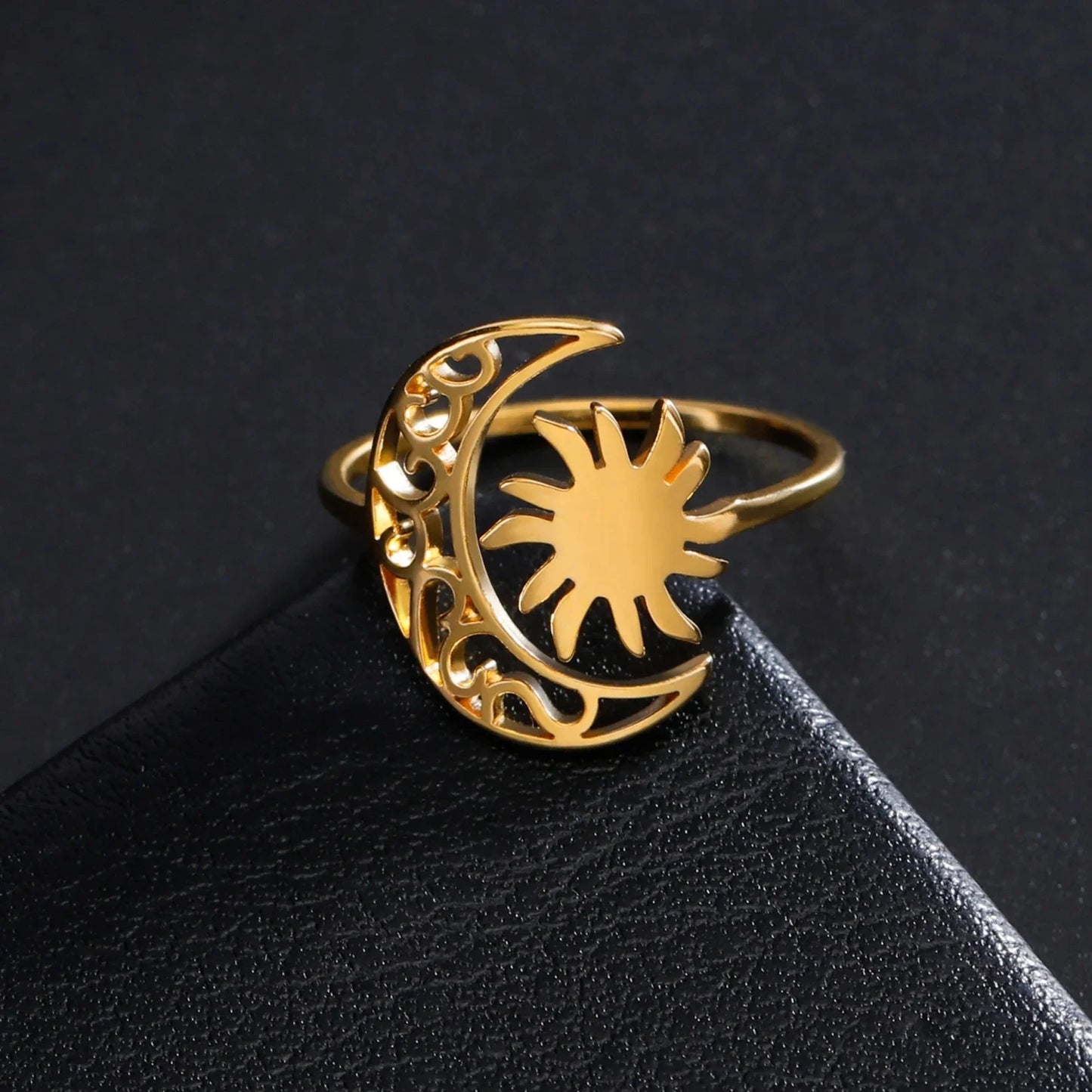 Crescent Moon and Sun Ring Open Finger Rings Trendy Bohemian Stainless Steel Jewelry Birthday Gift for Men Women