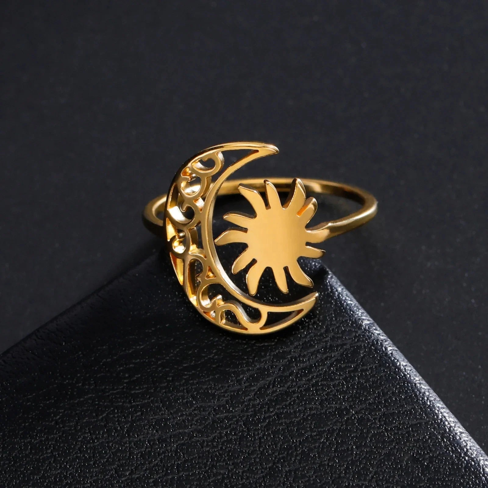 Crescent Moon and Sun Ring Open Finger Rings Trendy Bohemian Stainless Steel Jewelry Birthday Gift for Men Women