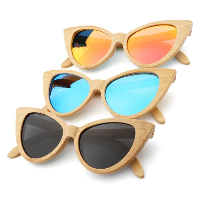 Trendy Mirrored Polarized Cat Eye Multi Color Unisex Sun Glasses Custom Logo Bamboo Wooden Sunglasses