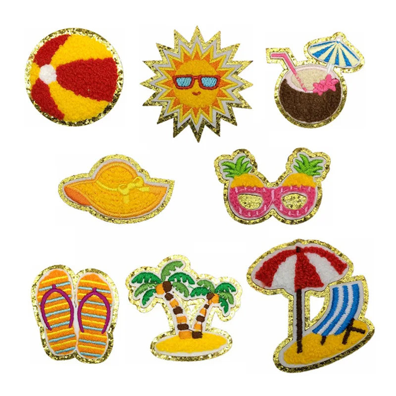 New  Iron on Brilliant  Gold Glitter Edge Beach Volleyball Slipper Sun Coconut Hat Chenille Patch for Clothing Bag