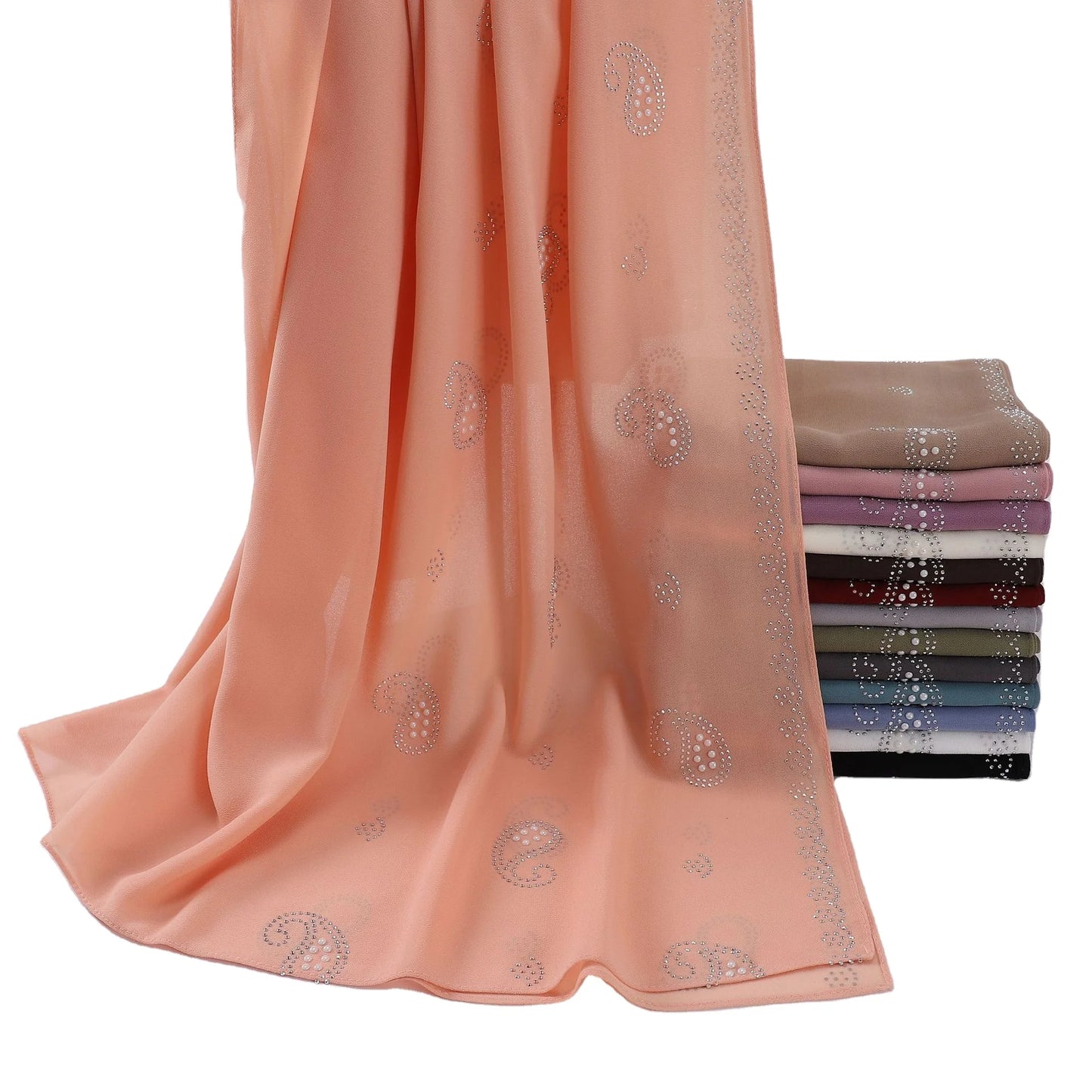 CCY Wholesale Women Chiffon Hijabs With Paisley Rhinestones Long Muslim Hijab Shawl Chiffon Head Scarf