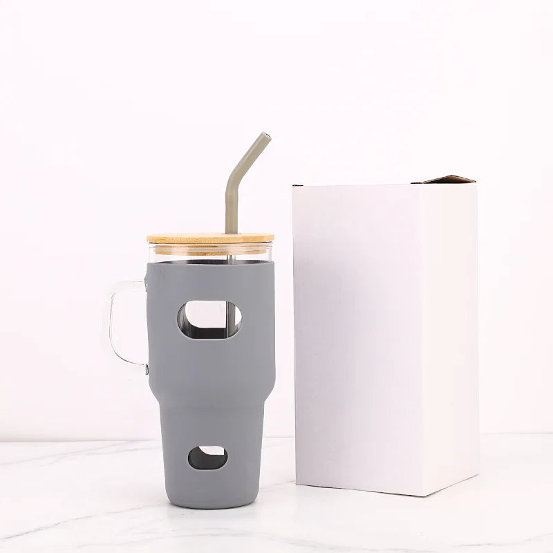 Wholesale Silicone Glass Coffee Cup Tumbler with Handle and Straw Motivation Vaso Mug with Lid for Camping