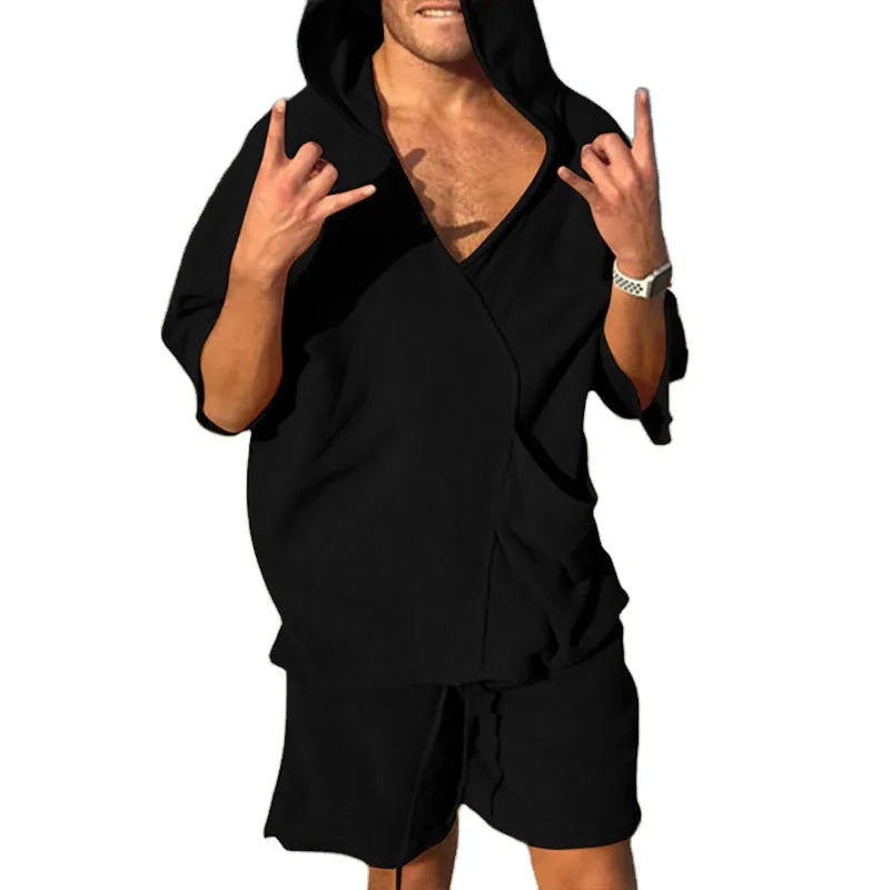 RNSHANGER Men's Cotton Linen Two-Piece Set Summer Fashion Short Sleeve Hooded T Shirt Short Suit Loose V-Neck Male Set