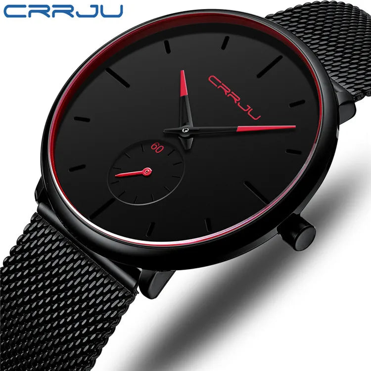 CRRJU 2150 Black Men Watches Fashion Popular Stainless Steel  Wristwatches Quartz Watch