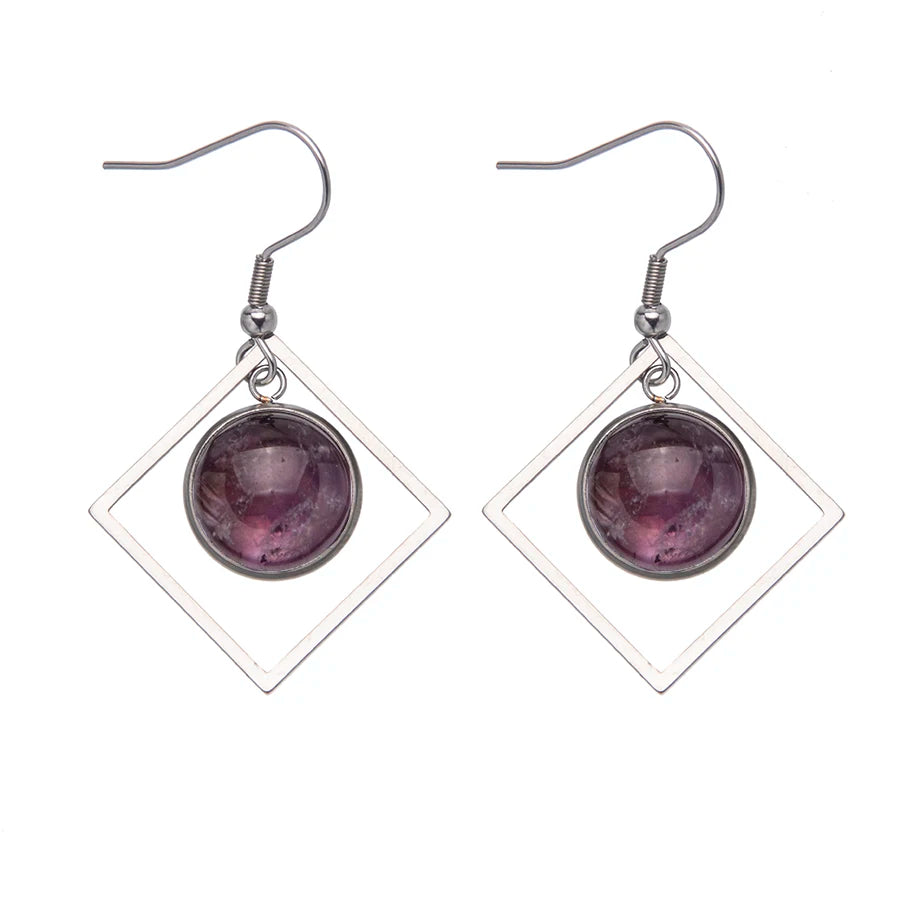 Natural Crystal Stone  Geometric Figure  Rose Quartz Amethyst Earrings for Women Jewelry Crystal Stainless Steel Lug Hook