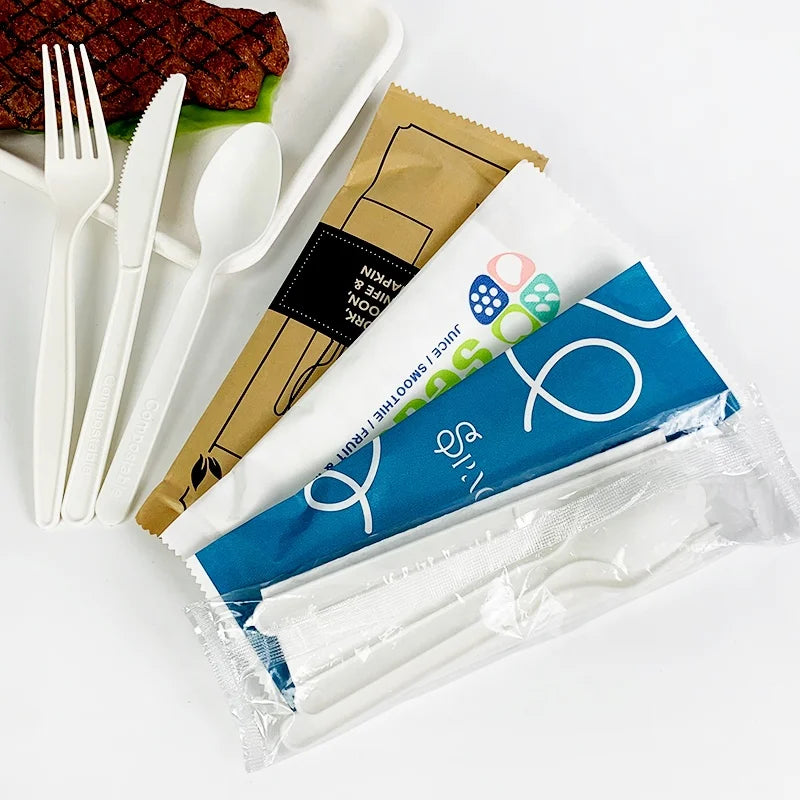 Customize Logo Design Printing PLA Paper Individual Wrapped Biodegradable Compostable Disposable CPLA Cutlery Knife Spoon For
