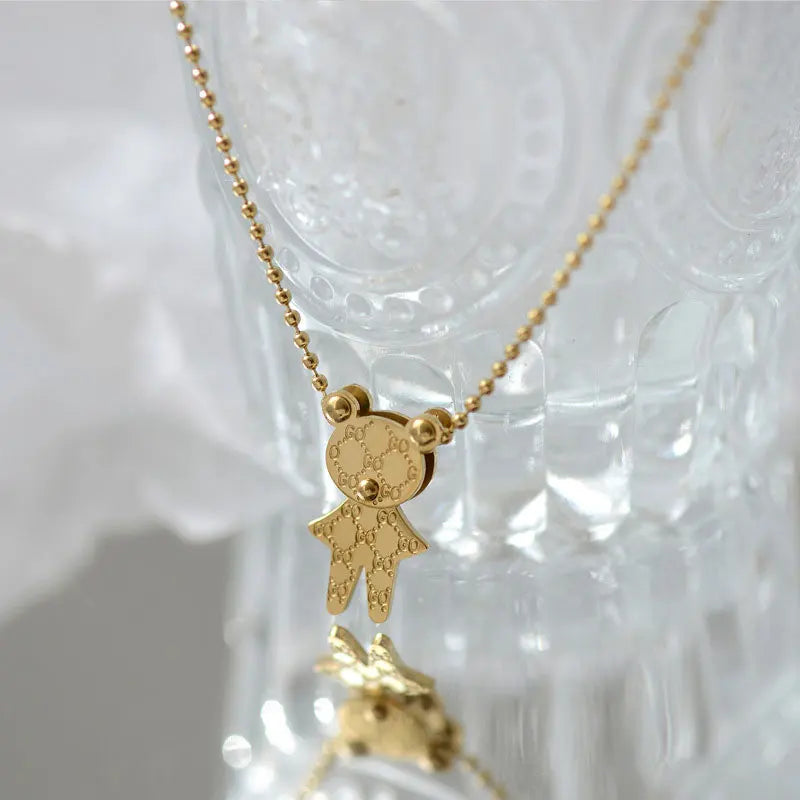 Cute Mini 3D Cartoon Bear Necklace 18K Gold Stainless Steel Plated Sweater Chain Bear Pendant Necklace for Women