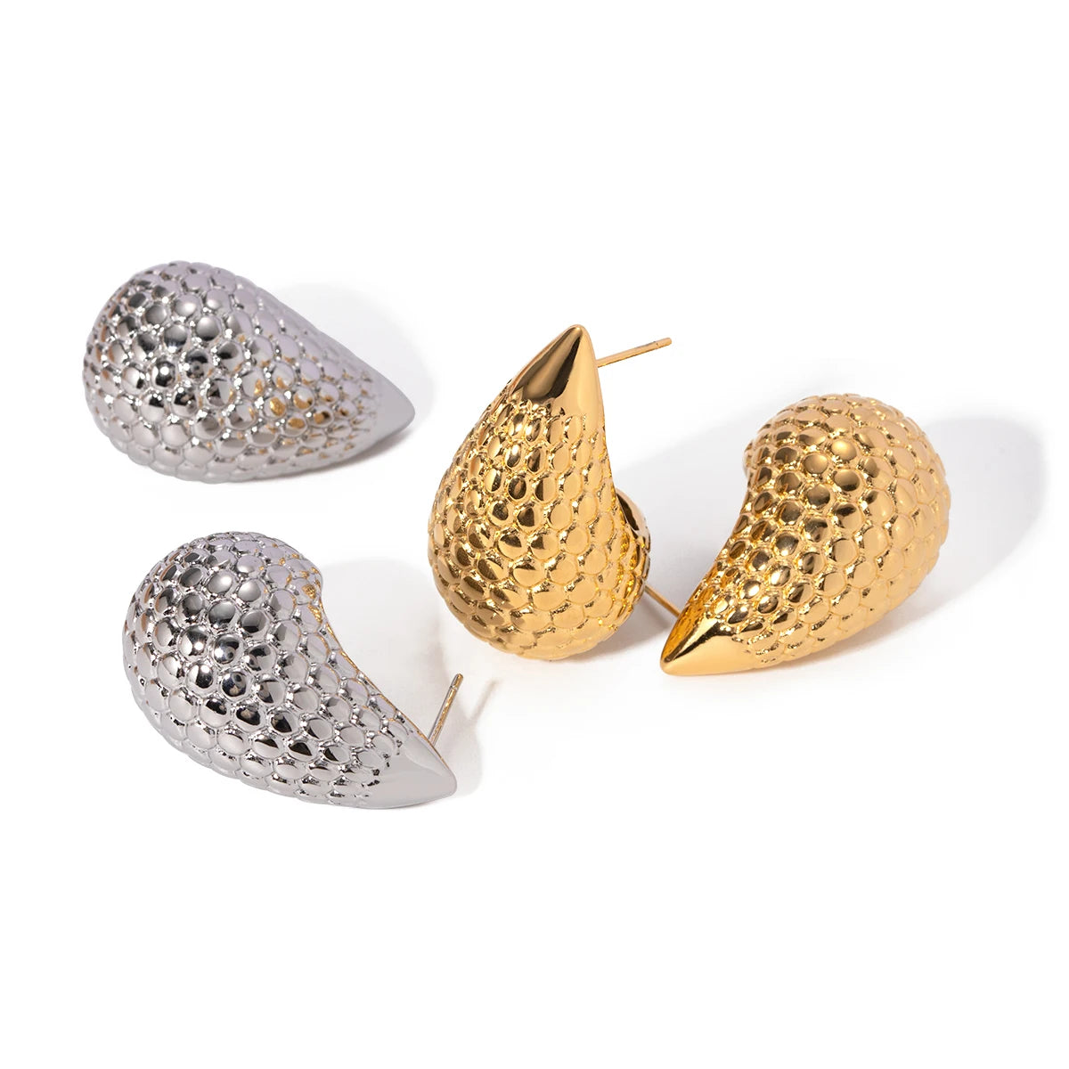 J&D Designers Style Textured Water Drop Earring 18K PVD Gold Silver Plated Stainless Steel Textured Women Earring
