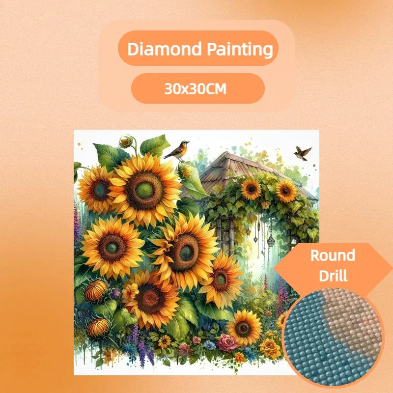 1PC 30*30cm Sunflower Cabin Diamond Painting Full Round 5D Acrylic Drill Creative Diamond Painting Kit for Home Decoration