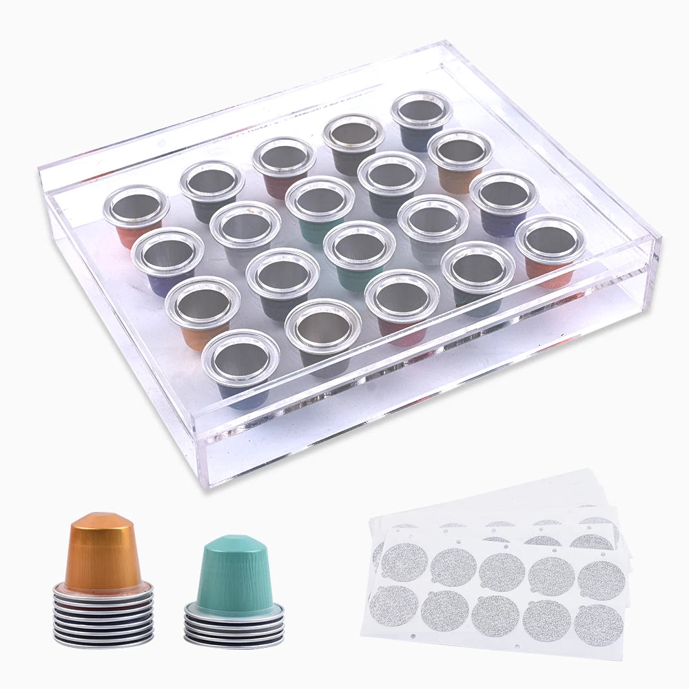 20 Holes Square Transparent Acrylic Filler Board 20 Coffee Capsules Self-adhesive Lids Manual Tray Tool for Compatible