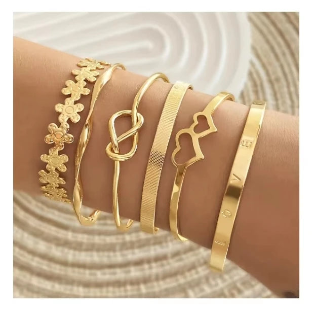 VKME New 6pcs Punk Gold Metal Geometric Heart Tennis Flower Open Bangle Multi-Layer Bracelet Set for Women Jewelry