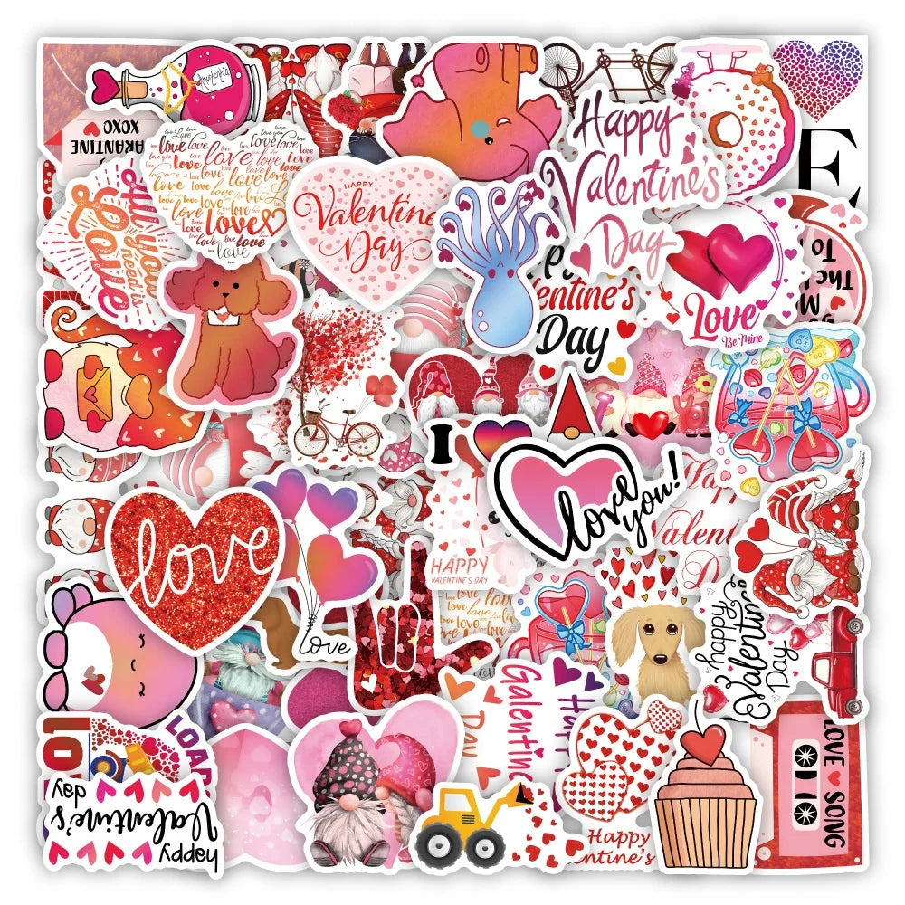 50pcs Valentine's Day Waterproof PVC Graffiti Sticker Packs for Kids Laptop Luggage Skateboard Bottle Cup Helmet Decoration