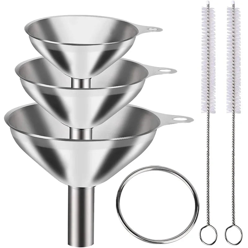 Large Small Funnel Set of Stainless Steel Food Grade Mini Funnel with 2 Brushes for Kitchen Use Filling Bottles Cooking