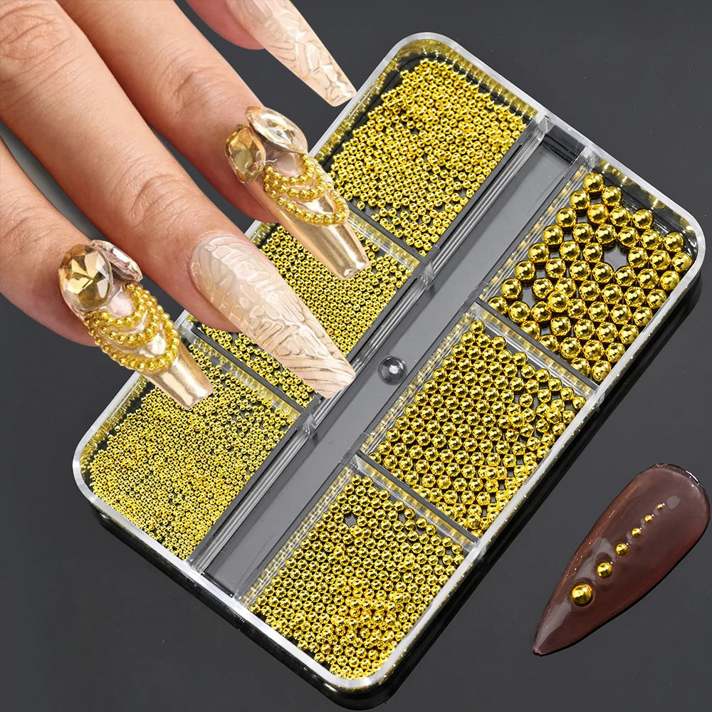 6Grids Gold Metal Beads Nail Charms Mini Caviar Bead Stainless Steel Nail Decorations 1/1.5/2/3mm Mixed Beads Nail Rhinestone