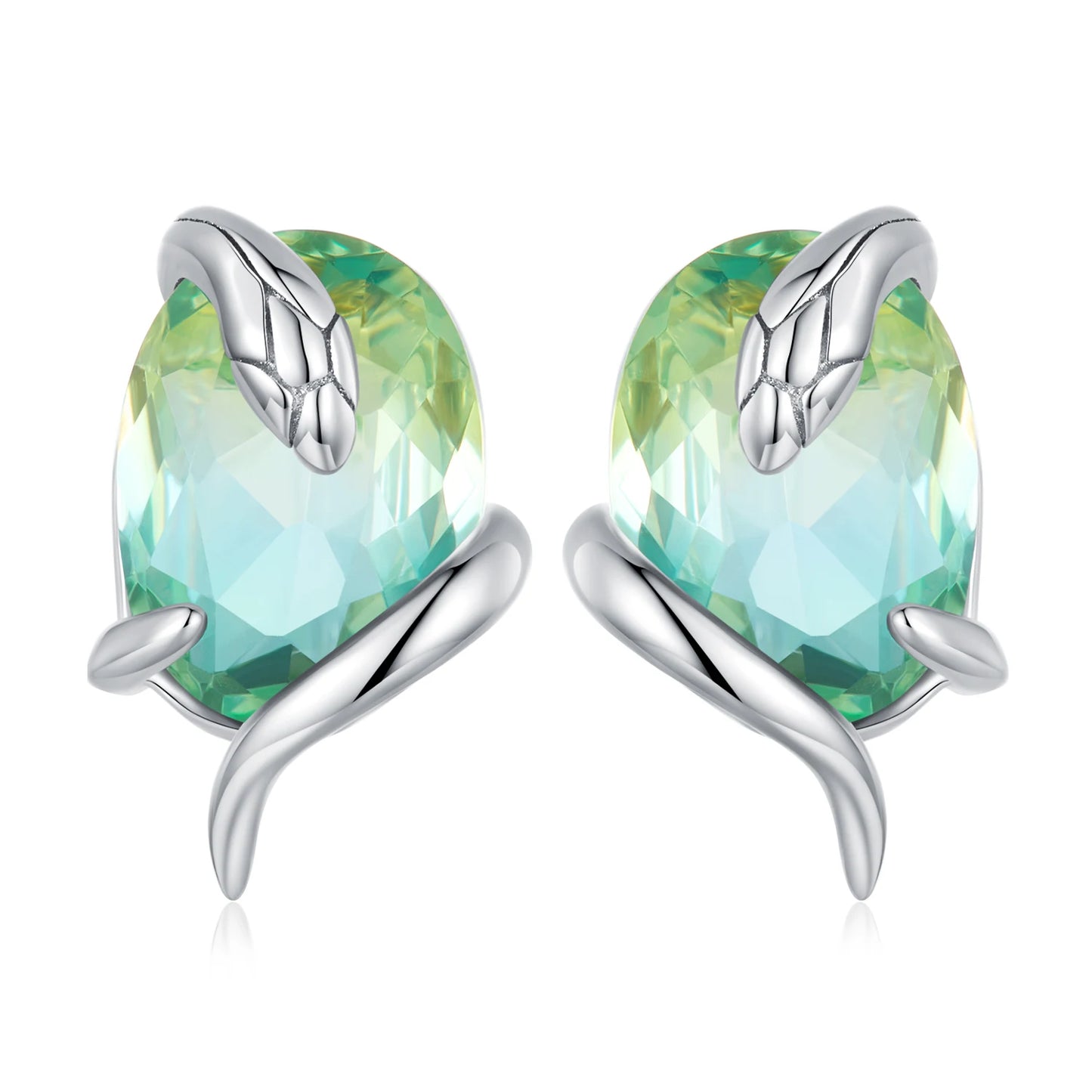 Wholesale Original Design 925 Sterling Silver Snake Stud Earrings Gradient Green Transparent Glass Earrings for Women BSE731