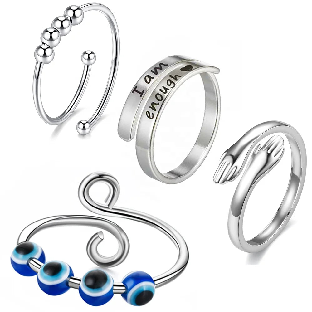Fashion Silver 18k Gold Plated Evil Eye Hug Anxiety Fidget I Am Enough Adjustable Stainless Steel Women Rings Jewelry Bijoux