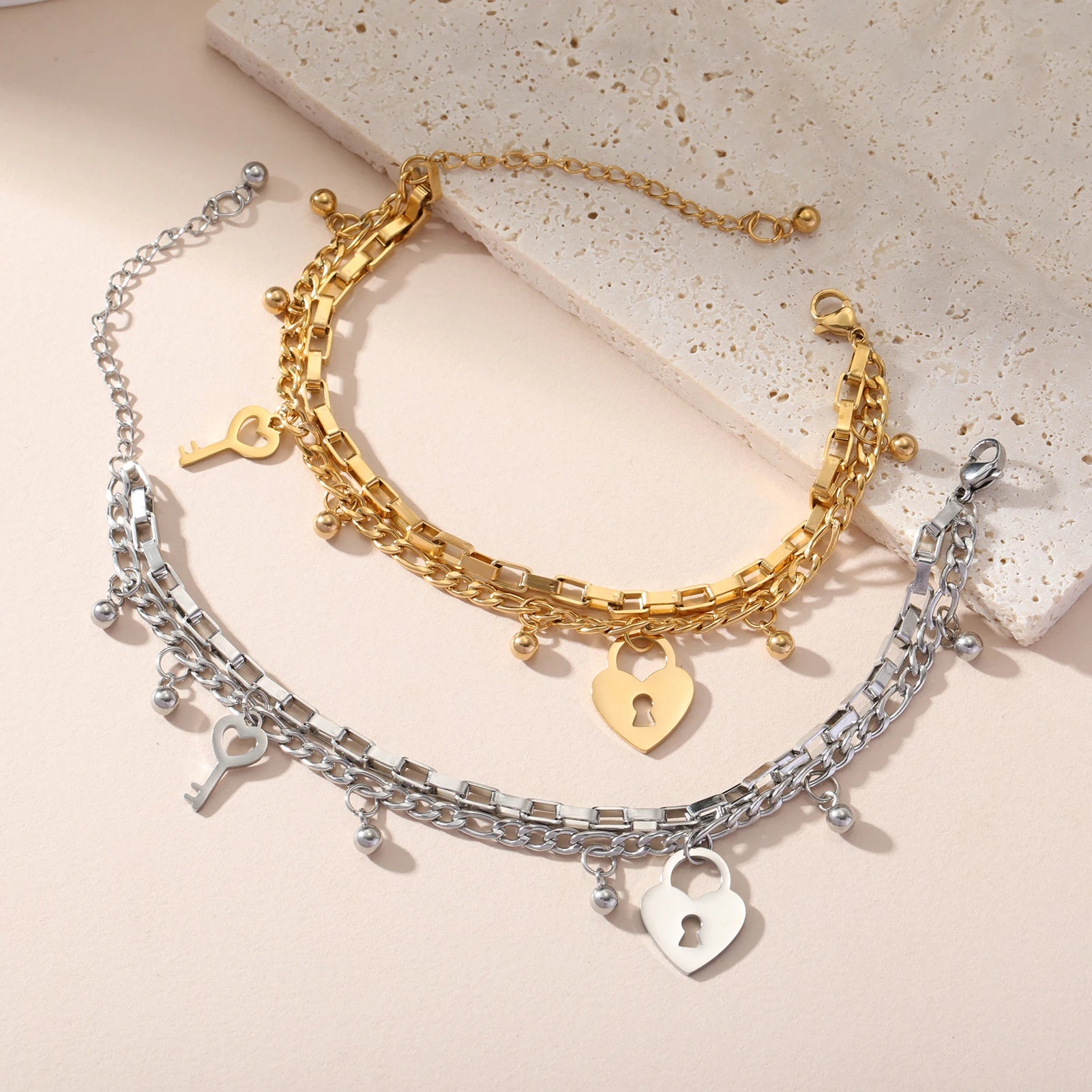Heart Lock and Key Bracelet Stainless Steel Bracelet 18K Gold Plating Couple Fashion Jewelry Bracelets