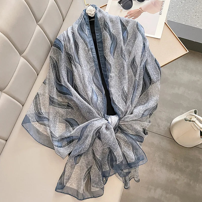 New Arrival Lightweight Summer Beach Cover Ups Shawl 130*180cm Long Large Size Floral Printed Silk Yarn Gauze Scarves for Wom