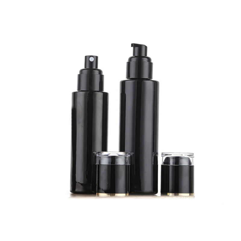 Wholesale Luxury Glass Cosmetic Bottles with Pump Set 30ml 100ml 120ml for Skincare Face Cream Lotion Essential Oil Black